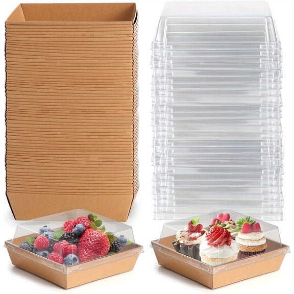 50 Pack Charcuterie Boxes, Square Disposable Paper Bakery Boxes with Clear Lids, Food Containers for Strawberries, Cupca