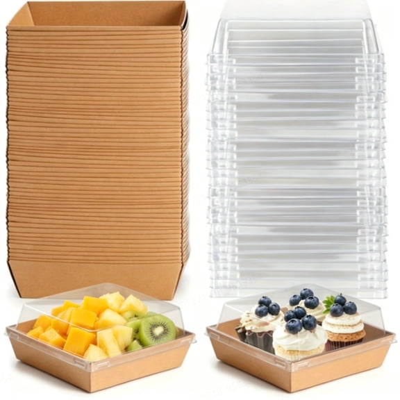 50 Pack Charcuterie Boxes, Square Disposable Paper Bakery Boxes with Clear Lids, Food Containers for Strawberries, Cupca
