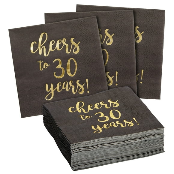 BLUE PANDA 30th Birthday Napkins - 5 x 5 in, 3-Ply, 50 Count, Black & Gold - Cheers to 30 Years Foil Print Napkins - 30th Anniversary Decorations - 30 Balloons