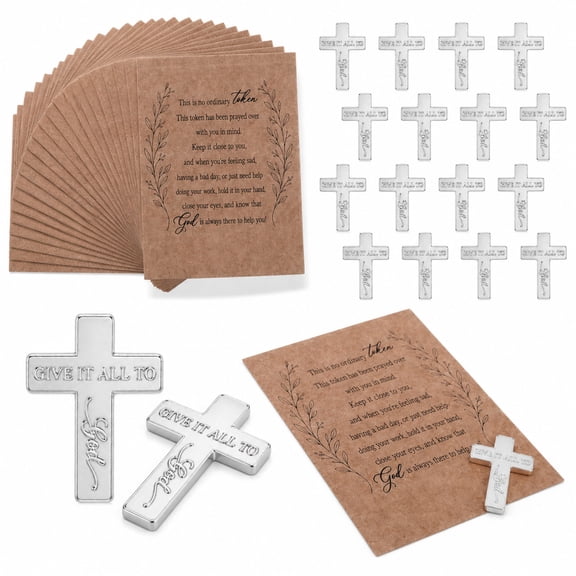 50 Pack Christian Cross Favors with Prayer Cards, Silver Engraved Faith Cross Gift Set for Baptism, Church and Memorial Events