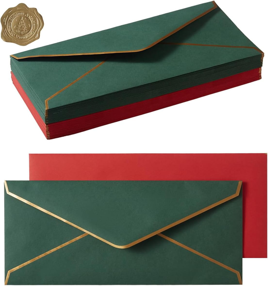 50 Pack Christmas #10 Business Envelopes with Gold Border, Self Seal Standard Envelopes with Gold Stickers for Office, Checks, Letter Mailing, Invoices, 4 1/8 x 9 1/2 Inches (Christmas Green Red)