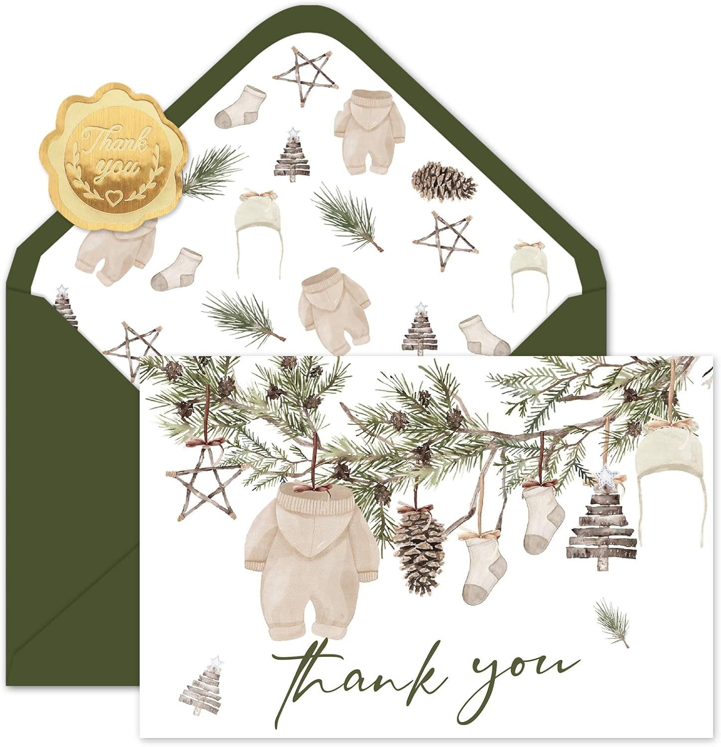 50 Pack Christmas Baby Shower Thank You Cards Bulk Boxed Winter Blank Note Cards with Envelope Stickers Winter Pine Cone Branch Baby Cloth Greeting Card for Birthday Boys