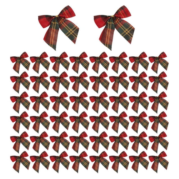 50-Pack Christmas Plaid Fabric Bows,Pre-Tied 7x7cm Red Green Tartan Ribbon Bows for Tree, Wreath, Gift Wrapping, Rustic Holiday Decor