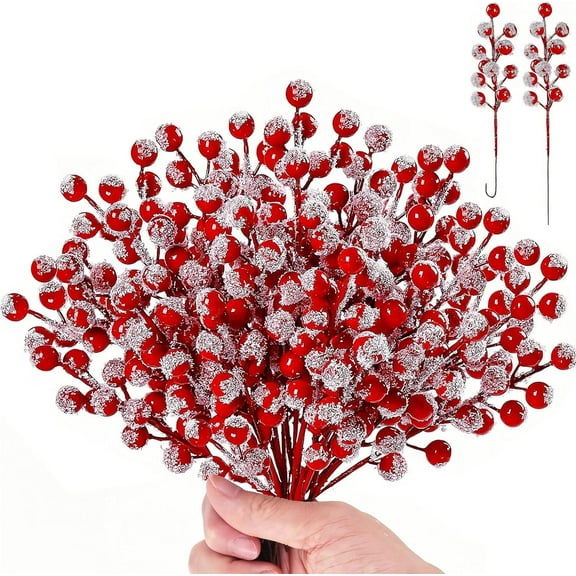 50-Pack Christmas Tree Decoration, Christmas Berry Picks with Snow, 8 Inch Artificial Red Berry Stems for Christmas Tree Decorations, Holiday Centerpieces and Wreath Making