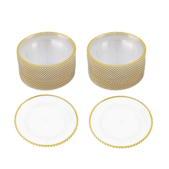50 Pack Clear Charger Plates, 13 Inch Plastic Serving Plates, Plastic Round Beaded Dinner Chargers(Clear+Gold)