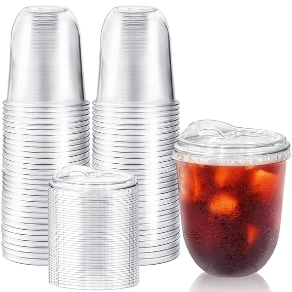 50 Pack Clear PET Disposable Iced Coffee Cups With Strawless Sip Lids, Thickened Leak Proof Plastic Tumblers