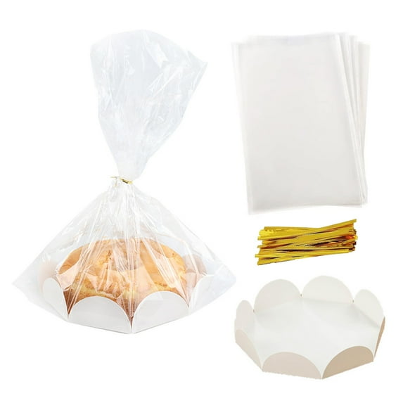 50 Pack Clear Plastic Bake Bags for Bread Cookie Candy Cake Gift Packaging,With Cake Tray and Gold Ribbon--6 inches