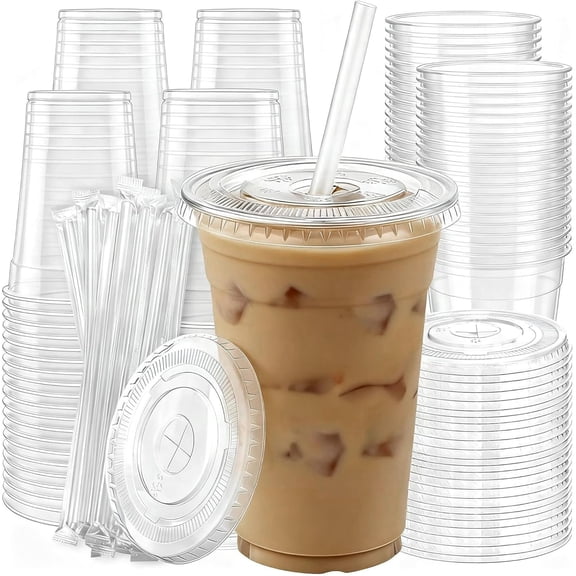 50 Pack Clear Plastic Cups with Lids and Straws, Disposable Iced Coffee Cups To Go, BPA-Free Cold Drink Cups for Smoothie, Matcha, Parties, Party