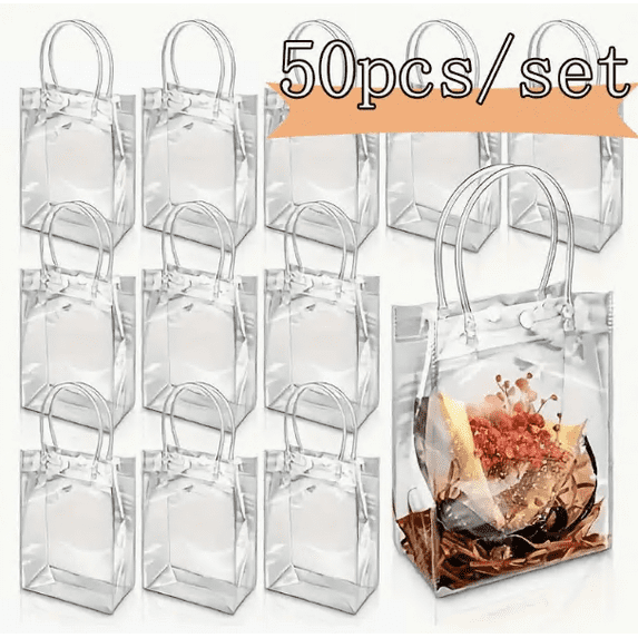 50 Pack Clear Plastic Gift Bags with Handles, Party Favor Bags with Ribbons and Tags, Reusable Goodie Tote Bags for Wedding Baby Shower Mother's Day (5.9” x 7.9” x 2.8")