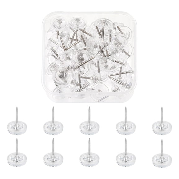 50 Pack Clear Push Pins Tacks, Flat Head Thumbtacks for Bulletin Board, Wall Hanging, Cork Board, Shadow Box, Heavy Duty Plastic Head with Steel Point in Reusable Storage Box