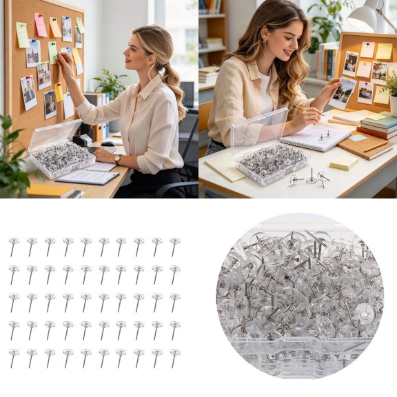 50 Pack Clear Push Pins, Transparent Flat Head Drawing Pins, Metal Point Thumb Tacks For Bulletin Board