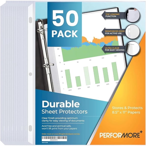 50-Pack Clear Sheet Protectors | 8.5 x 11 Inch Heavy Duty Plastic Sleeves | Top Loading Reinforced Hole Page Protectors | Archival Acid-Free Non-Glare for 3 Ring Binders Documents Photos