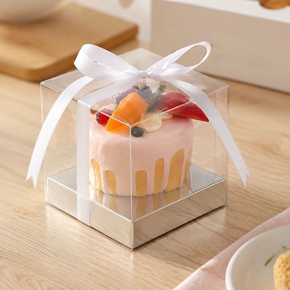 50 Pack Clear Single Mini Cake Boxes, Silver Bases + White Ribbons, PET Transparent Gift Containers for Birthdays, Weddings and Bakery Party Favors