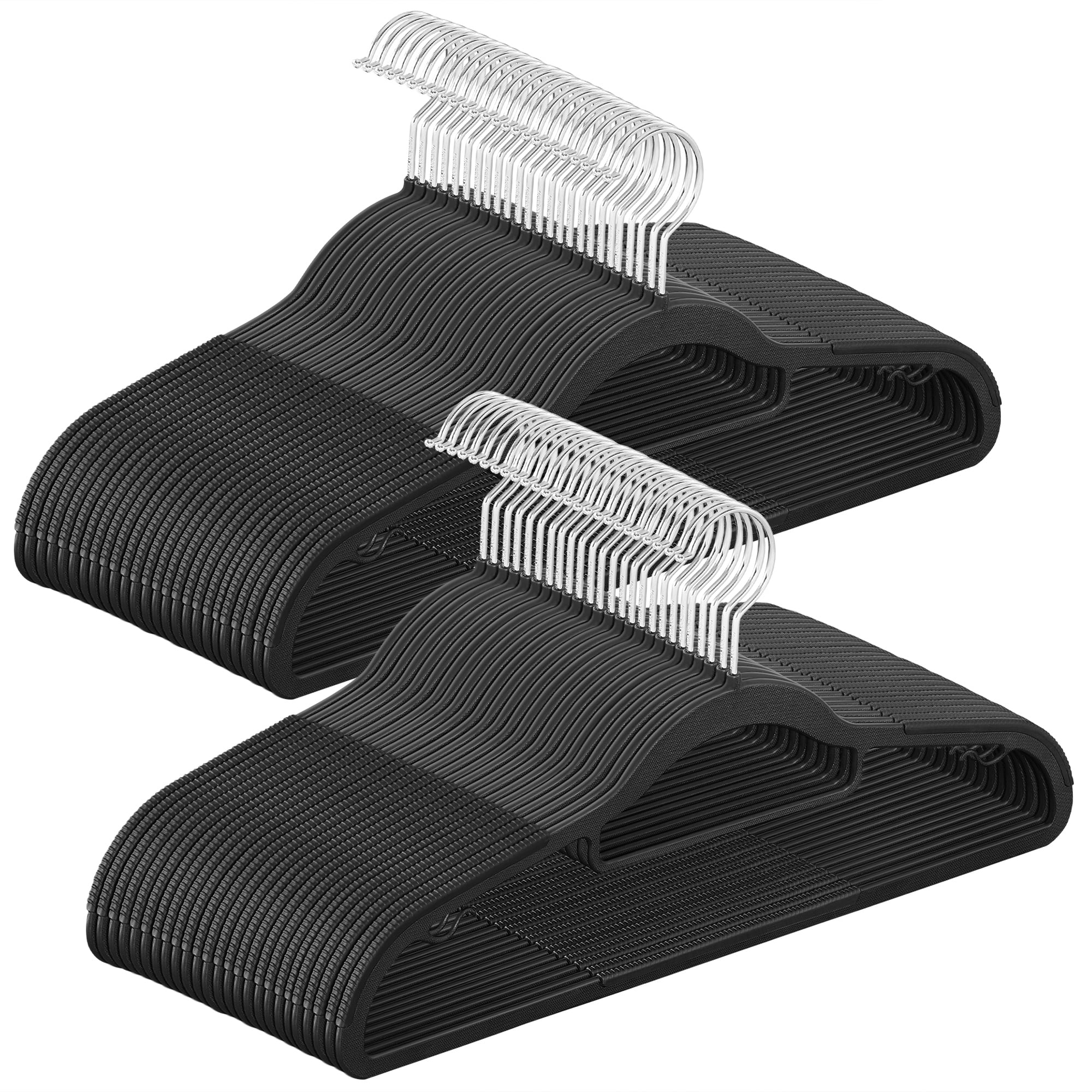 50 Pack Coat Hangers Non-Slip Clothes Hangers Space-Saving Plastic Hangers 360°Swivel Silver Hook Black
