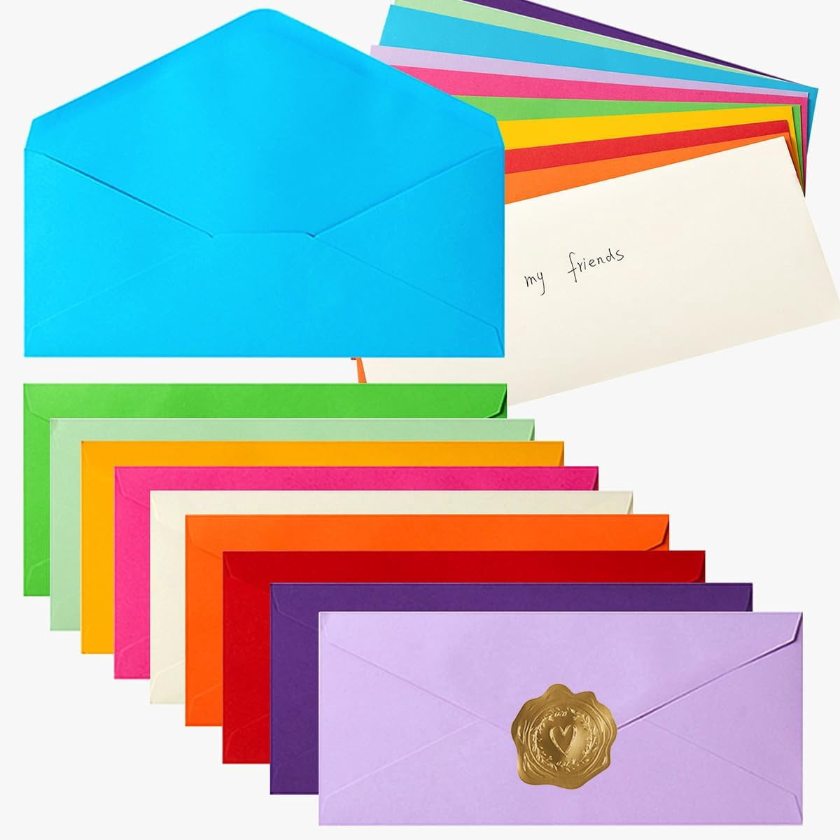 50 Pack Colorful #10 Business Envelopes with Stickers, 4.13 x 9.49 ...