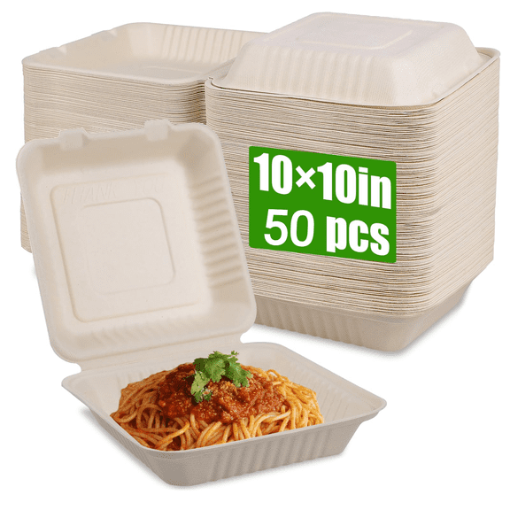 50 Pack Compostable Clamshell To Go Food Containers with lids, 10"x10"x3" Disposable Take Out Food Containers, Heavy-Duty To Go Boxes Eco-Friendly Biodegradable Made of Sugar Cane Fibers