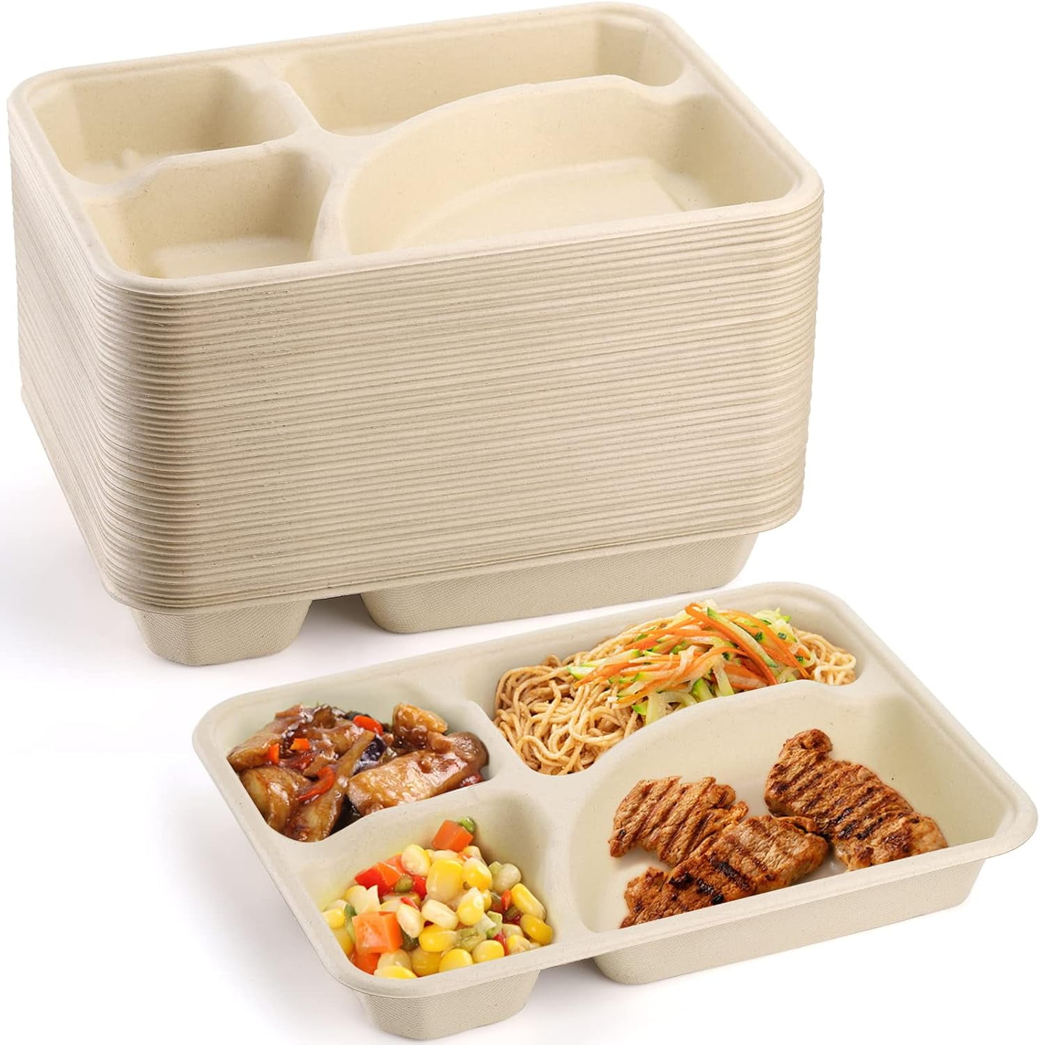 50 Pack Compostable Paper Plates, Natural Sugarcane 4 Compartment Plate ...