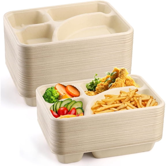 50 Pack Compostable Paper Plates,  Sugarcane 4 Compartment Plate, Heavy Duty Lunch Tray, Disposable Divided Sectional Plate, Microwave Freezer Safe for Party School