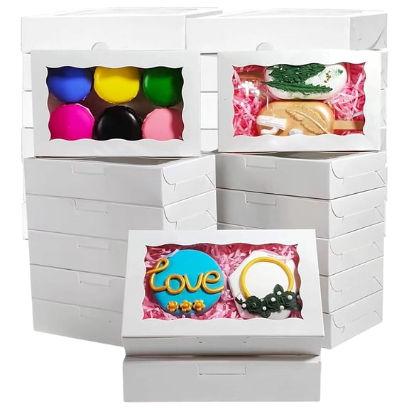 50 Pack Cookie Boxes 7" x 4 3/8" x 1 1/2" Inch White Bakery Boxes with Window Treat Box Dessert Box