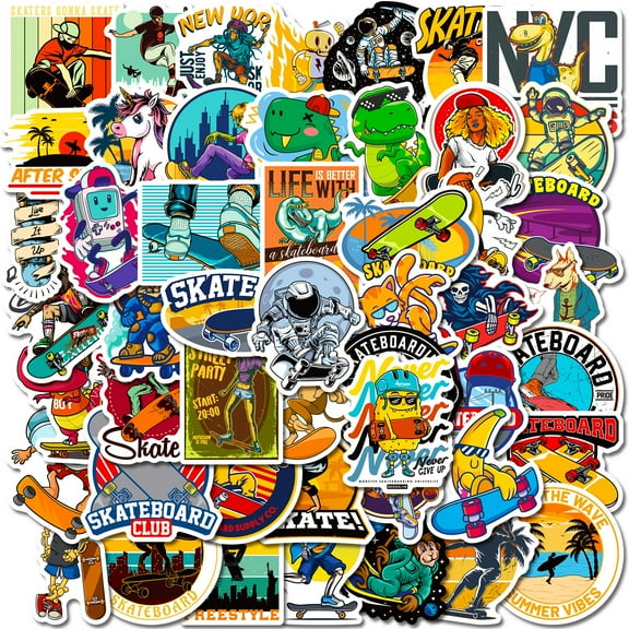 50-Pack Cool Skateboard Stickers - Trendy Cartoon Graffiti Decals for Hoverboards, Luggage, Guitars, Cars, and DIY Projects