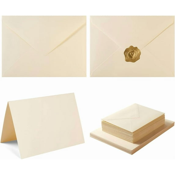 50 Pack Cream A7 Envelopes with Cards 5x7 Thick Folded Cardstock and Gold Stickers for Greeting Cards, Wedding, Birthday, Invitations, Baby Showers (Cream, 5x7)