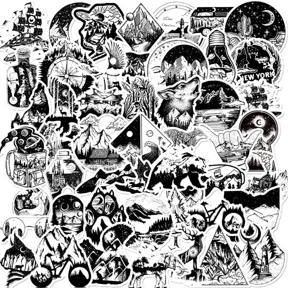 50 Pack Creative Black and White Gothic Stickers - Punk Style Waterproof Stickers for Luggage, Motorcycle, and Graffiti