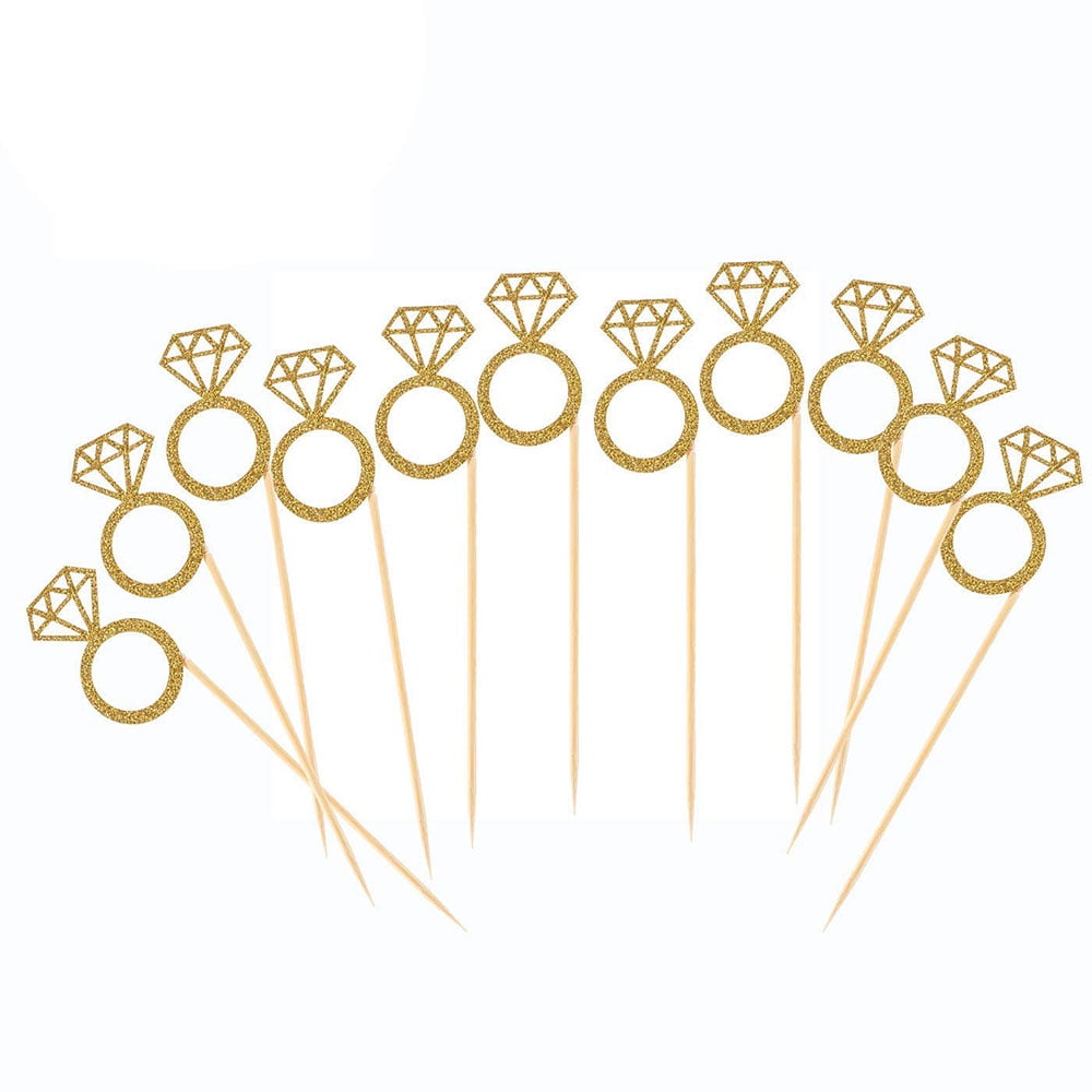 50 Pack Cupcake Toppers Gold Glitter Mini Diamond Ring Cakes Toppers