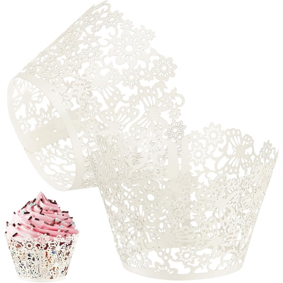 50-Pack Cupcake Wrappers, Pearlescent Art Paper, Floral Lace Hollow Out Liners for Wedding/Birthday Party Decoration, Bake Cake Paper[White]