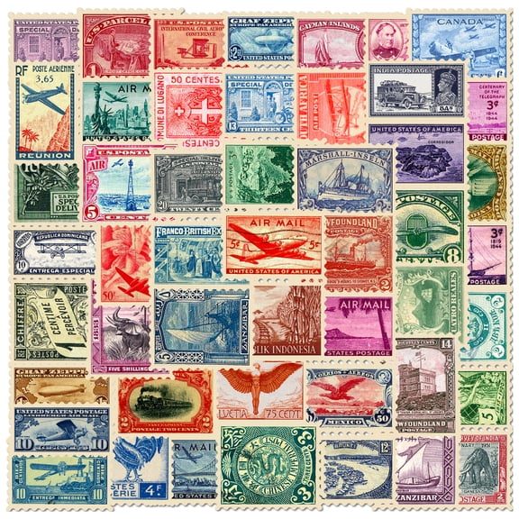 50-Pack Currency and Stamp Stickers - Vintage Retro Travel City Postmark Designs for Journals, Scrapbooks, and DIY Crafts