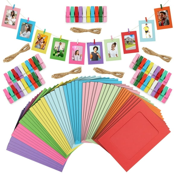 50 Pack DISEN Paper Picture Frames 4x6, DIY Cardboard Photo Hanging Display with Clips and Strings for Wall Decor (10 Colors)