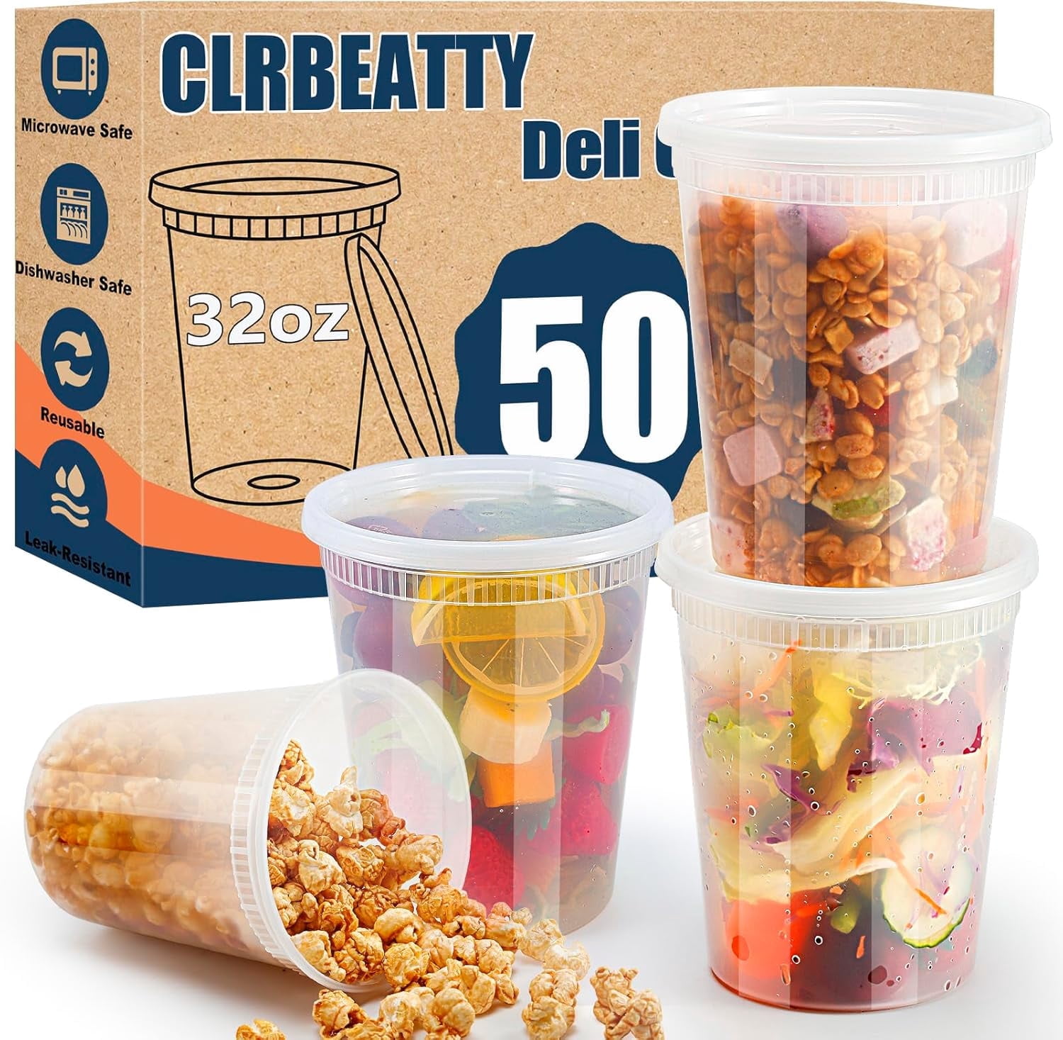 50 Pack Deli Containers with Lids,32oz Plastic Deli Food Storage Containers,Leak Proof Clear Soup Containers With Airtight Lids,Meal Prep Containers,Microwave Dishwasher Freezer Safe
