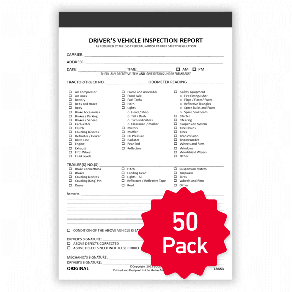 50 Pack Detailed Driver Vehicle Inspection Report Book - 2-Ply Carbonless, 5.5" x 8.5", 35 Sets of Forms Per DVIR Book, Pre-Trip Checklist Log for Truck Drivers, FMCSR Compliant with Easy Tear-Out