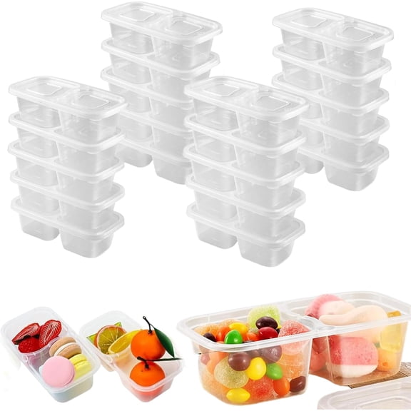 50 Pack Disposable 2-Compartment Sauce Cups with Lids, 6.8oz Clear Plastic Snack Containers for Dipping & Meal Prep (100ml+100ml)