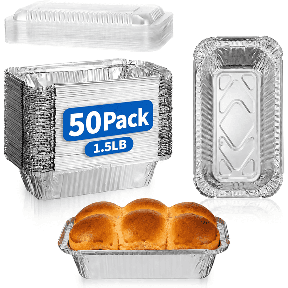 50 Pack Disposable Aluminum Loaf Pans with Lids, Heavy Duty Foil Pans for Baking, Food Storage and Take-Out, 1.5 lb