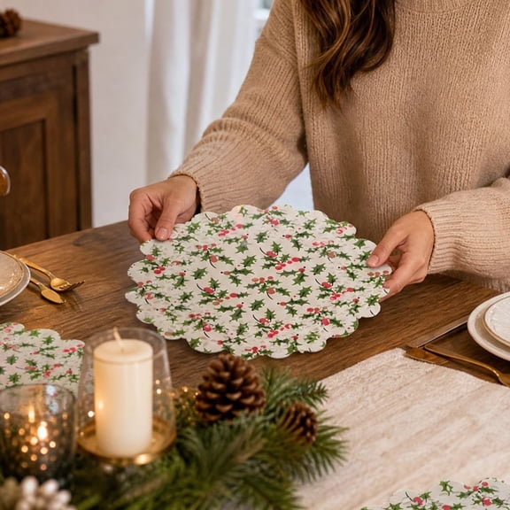 50 Pack Disposable Christmas Paper Placemats, Scalloped Holly Berry Table Mats for Holiday Dinner Decor