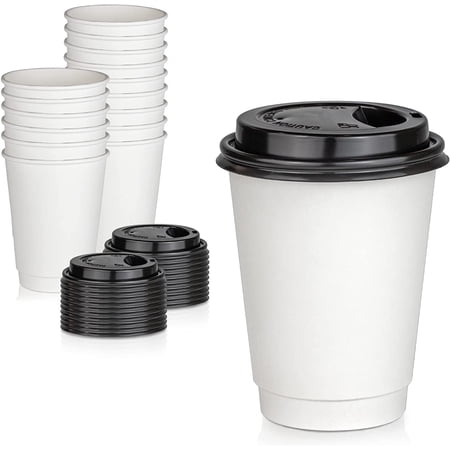 [50 Pack] Disposable Coffee Cups with Lids - 12 oz White Double Wall Insulated Coffee Cups with Black Dome Lid - Kraft Reusable Coffee Cups with Lids - To Go Chocolate, Tea, and Cocoa Drinks Hot Cups