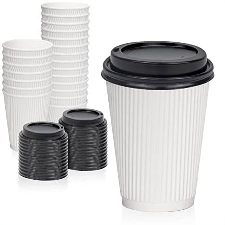 [50 Pack] Disposable Coffee Cups with Lids - 12 oz White Double Wall Ripple Sleeves Insulated Coffee Cups with Black Dome Lid - Paper Cups for To Go Chocolate, Tea, and Cocoa Drinks