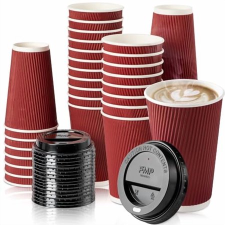 [50 Pack] Disposable Coffee Cups with Lids - 16 oz Dark Red Double Wall Ripple Sleeves Insulated Coffee Cups with Black Dome Lid - Kraft Paper Cups for To Go Chocolate, Tea, and Cocoa Drinks