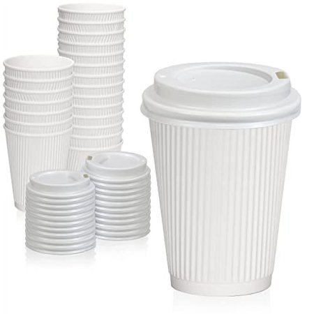 [50 Pack] Disposable Hot Cups with Lids - 12 oz White Double Wall Insulated Ripple Sleeves Coffee Cups with White Dome Lid - Kraft Paper Cup for To Go Chocolate, Tea, and Cocoa Drinks