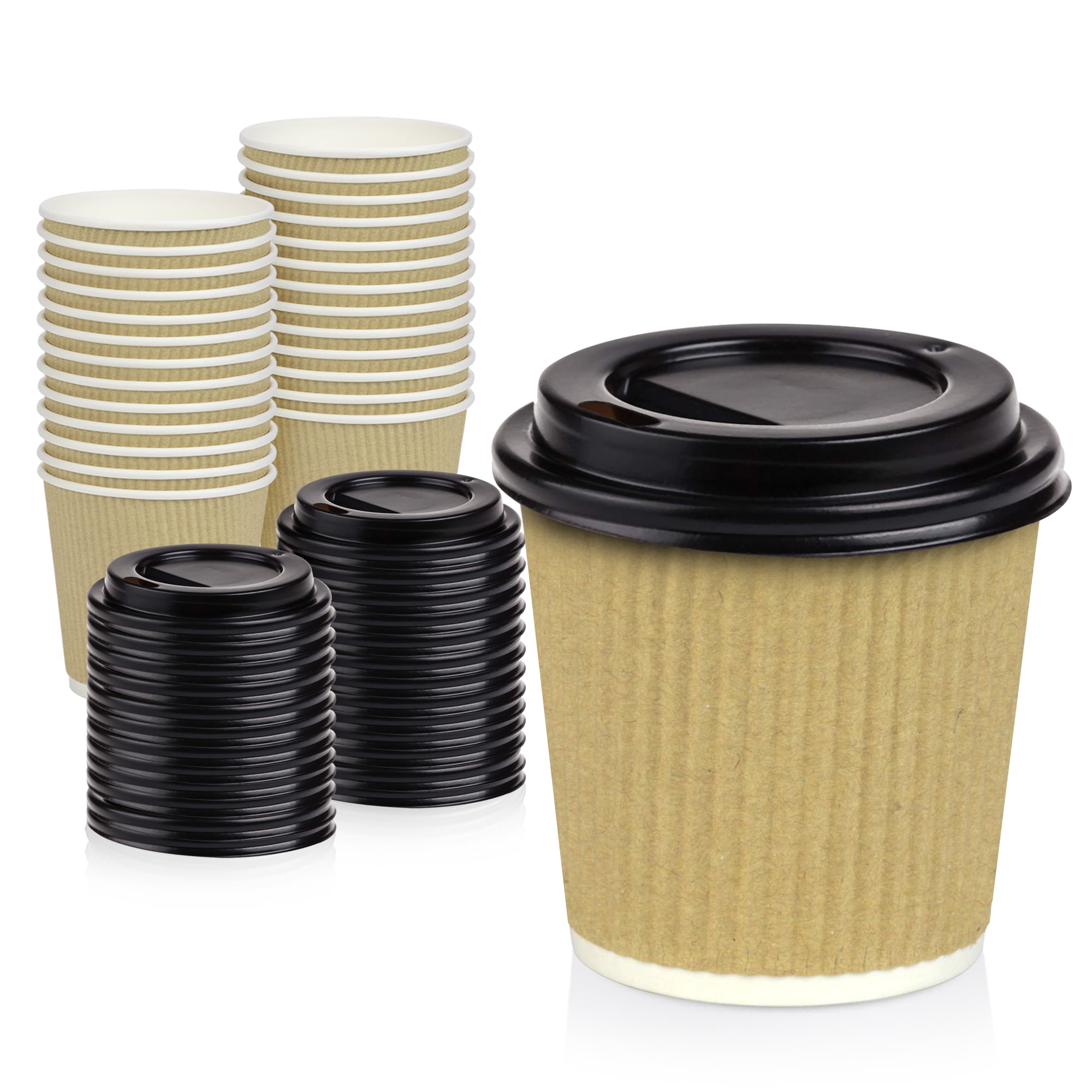 [50 Pack] Disposable Hot Cups with Lids - 4 oz Brown Double Wall Insulated Ripple Sleeves Coffee Cups with Black Dome Lid - Kraft Paper Cup for To Go Chocolate, Tea, and Cocoa Drinks