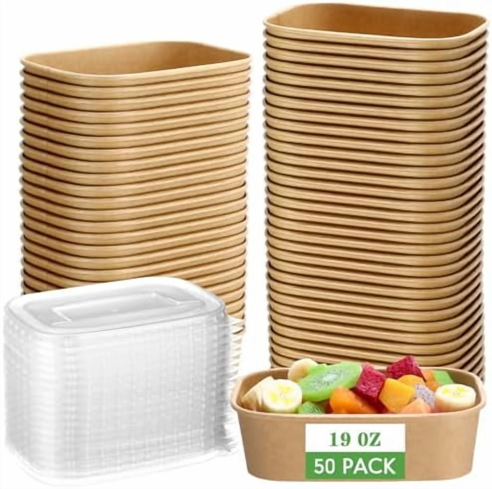 50 Pack Disposable Kraft Paper Bowls with PP Lids Rectangle Paper Food ...