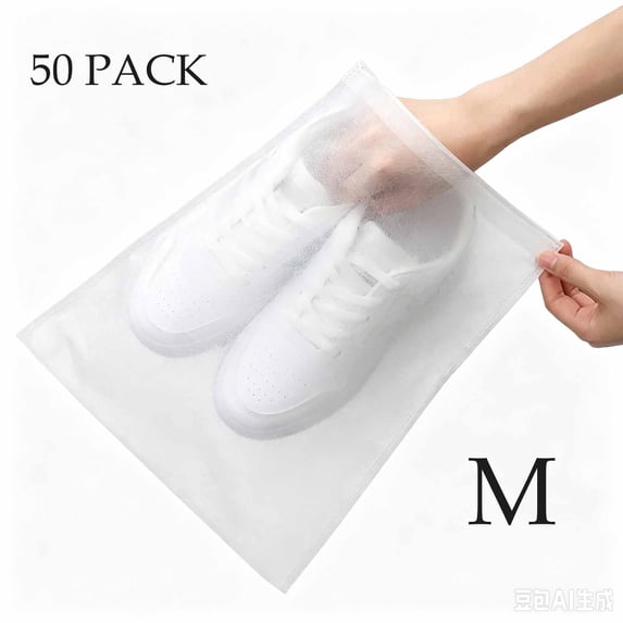 50 Pack Disposable Non Woven Shoe Storage Bags, Drawstring Dust Proof Travel Shoe Organizer Pouches, Space Saving Footwear Protector Bags for Closet Luggage Trip, White(M)