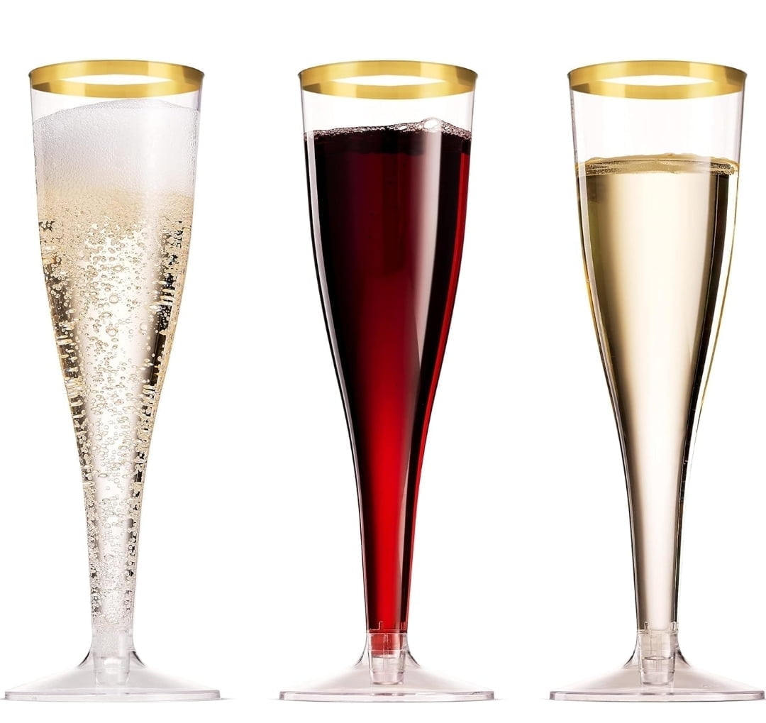 50 Pack Disposable Plastic Champagne Flutes, 6.5Oz Toasting glasses for decoration, Wedding, Parties, and Reusable(Gold Rim)