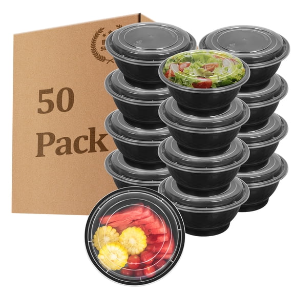 50 Pack Disposable Plastic Salad Bowls with Lids, 7.6" Black Meal Prep Containers, Microwave & Freezer Safe