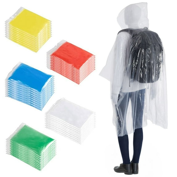 50 Pack Disposable Rain Ponchos for Adults, Bulk Emergency Ponchos with Hood, Individually Wrapped Raincoats, Rainbow Colors, Clear, Family, Women, Men, One Size