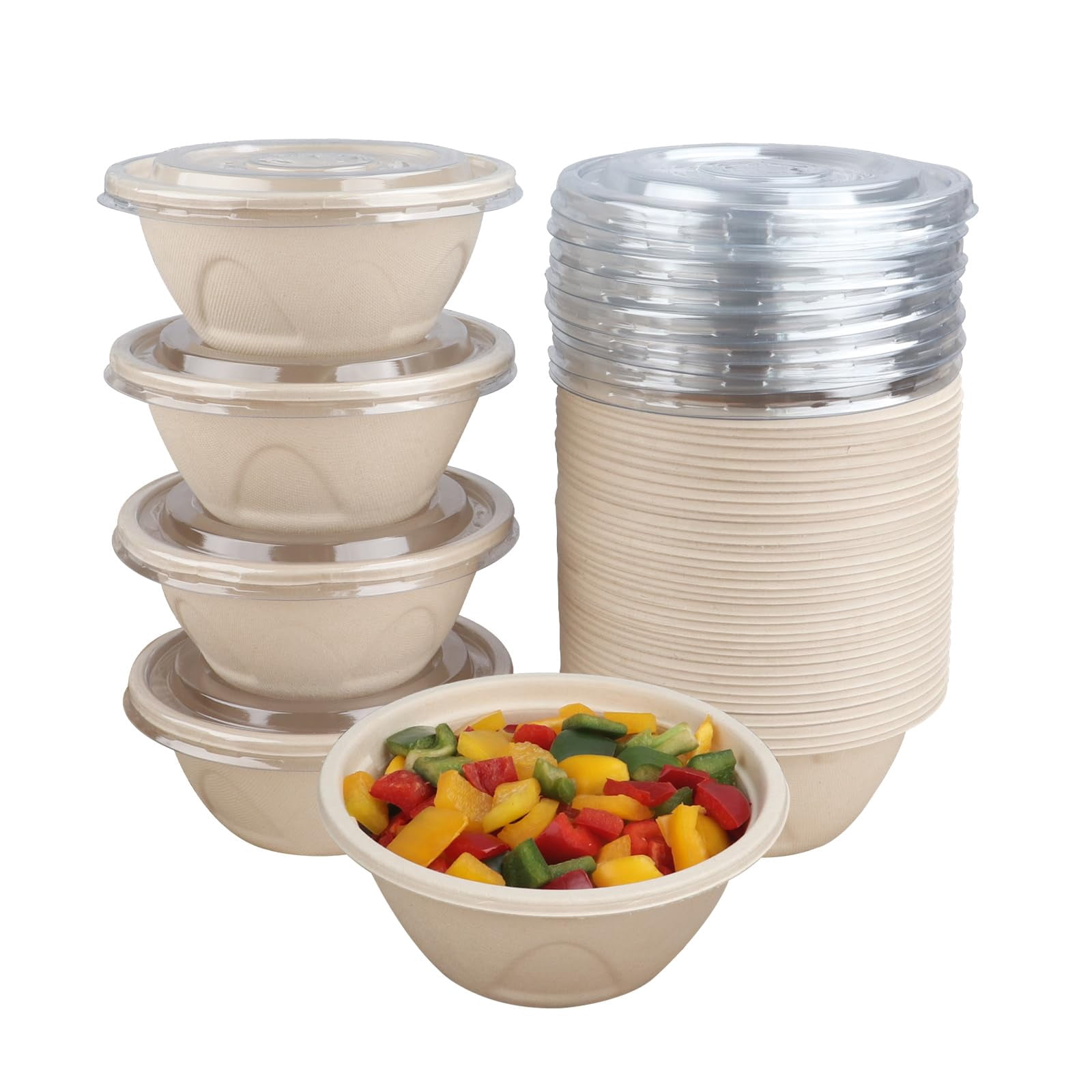 50 Pack Disposable Salad Bowls with Lids – Sugarcane Fiber Paper Bowls ...