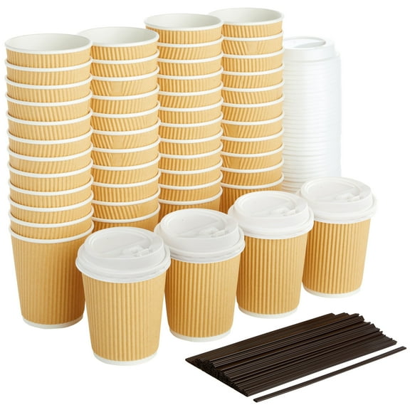 Juvale Disposable Coffee Cups with Lids & Straws - 8-Ounce, Brown Ripple, 50 Count - Insulated Disposable Paper Cups for Hot Coffee & On-the-Go Use - Compostable, No-Wax Lid Design