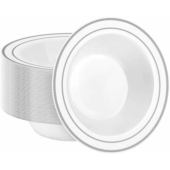 50 Pack Disposable Soup Bowls with Silver Rim, 12oz Premium Heavy Duty Plastic Dinner Bowls for Party, Wedding and Holiday