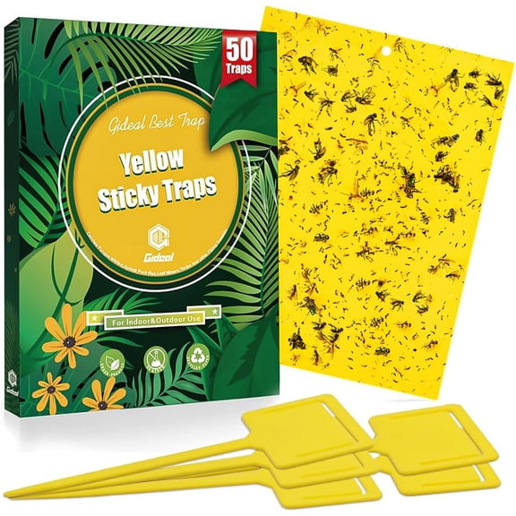50-Pack Dual-Sided Yellow Sticky Traps for Flying Plant Insect Fungus Gnats Whiteflies Aphids Leafminers Thrips (6x8 Inches, Included 50pcs Twist Ties)