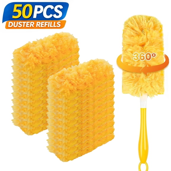 50 Pack Heavy Duty Duster Refills with 1 Handles, 360° Electrostatic Microfiber Traps Dust Kit, Multi-Surface Disposable for Ceiling Fans, Blinds, Baseboards, Vents&Furniture